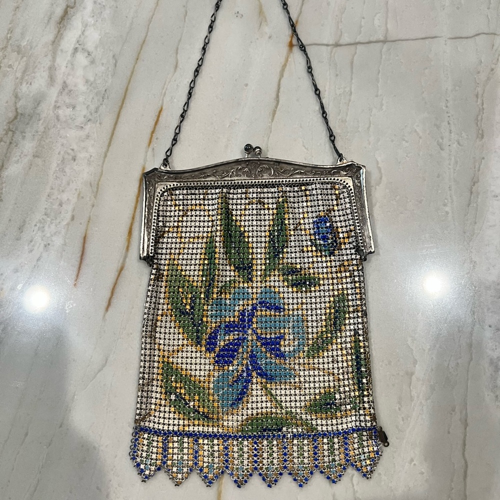 Vintage Antique Whiting and Davis Floral Enamel Mesh Metal Purse Handbag Fringed
